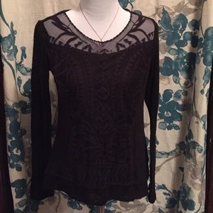 Black lace stretch knit hi low boho top